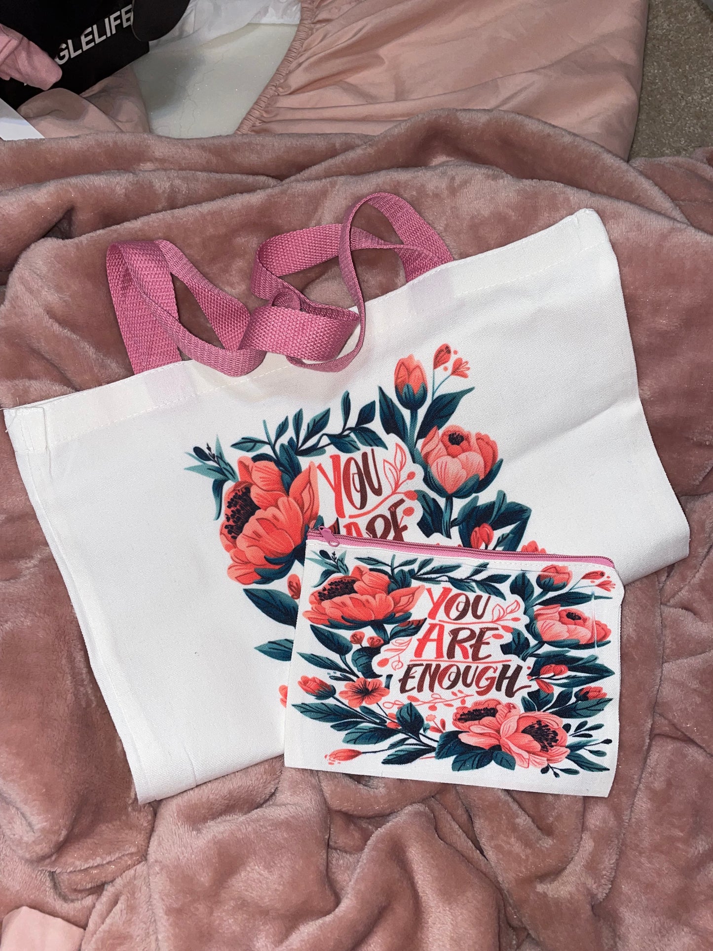 "You Are Enough" Tote Bag and Makeup Bag Set