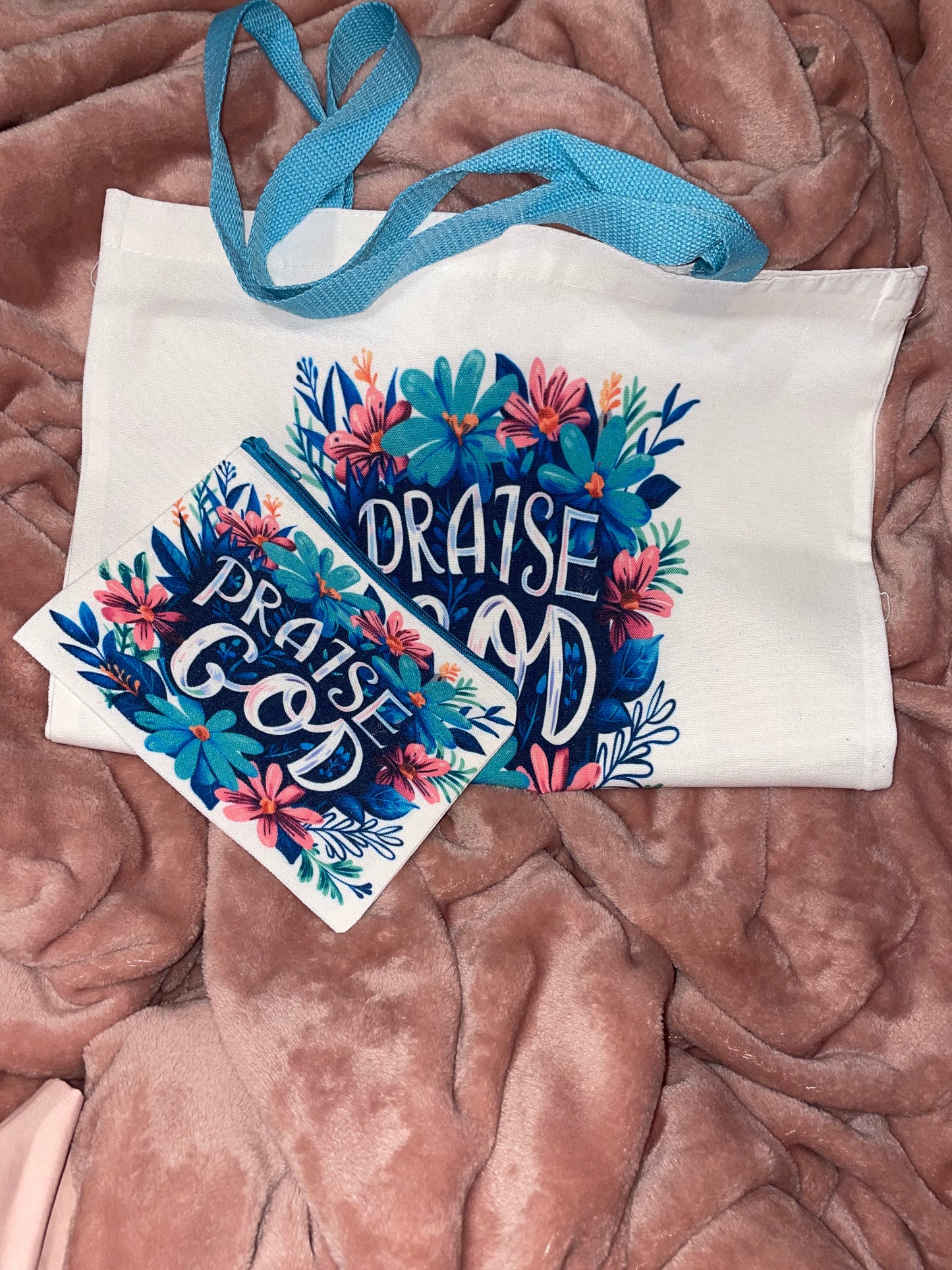 "Praise God" (Blue) Tote Bag and Makeup Bag Set