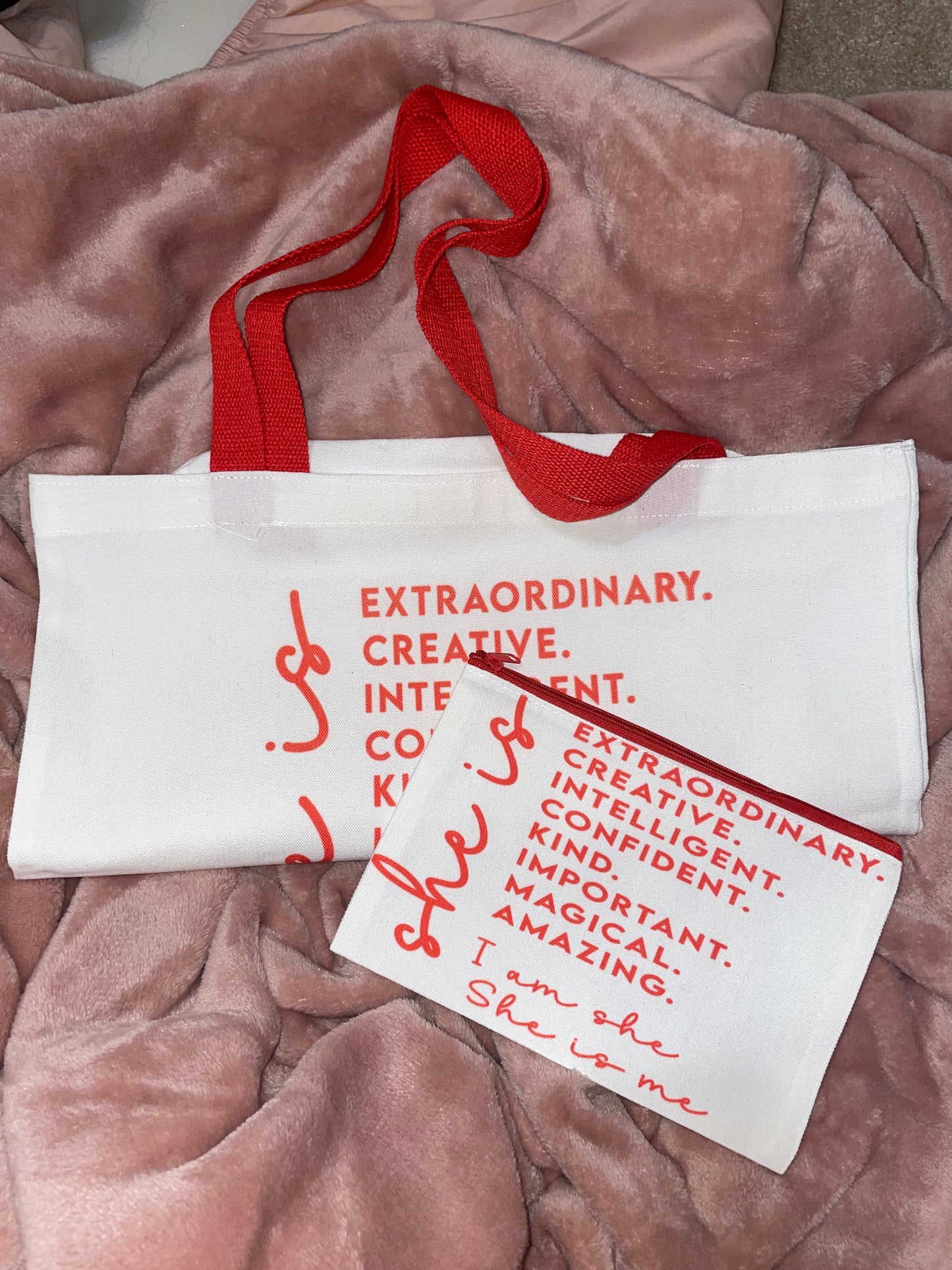 "She Is" Tote Bag and Makeup Bag Set