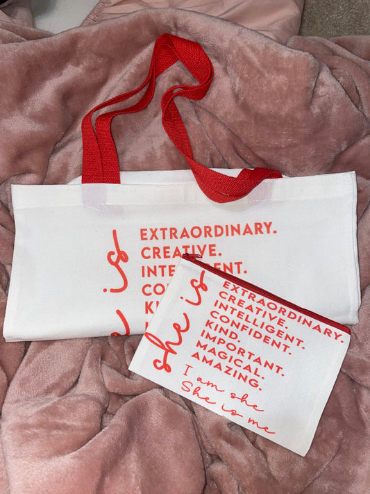"She Is" Tote Bag and Makeup Bag Set