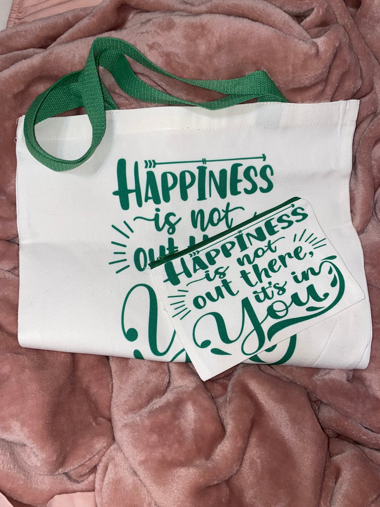 "Happiness Is In You" Tote Bag and Makeup Bag Set